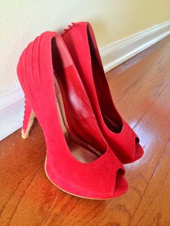 red peep-toe heels little black dress