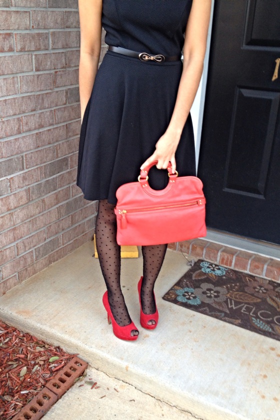 red purse with red heels and little black dress